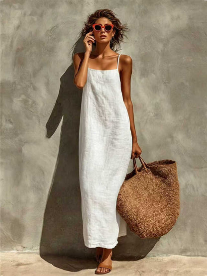 polyester Strap Square Neckline Bohemian Resort Style Dress