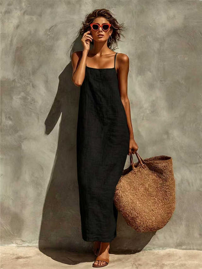 polyester Strap Square Neckline Bohemian Resort Style Dress